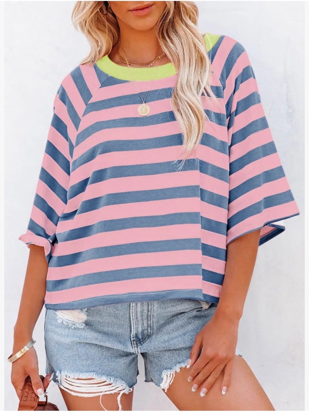 Super soft loose fit pink and blue striped T with neon green contrast collar